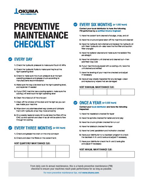 cnc milling machine preventive maintenance checklist|okuma lathe maintenance checklist pdf.